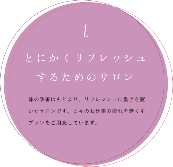 1.とにかくリフレッシュするためのサロン 体の改善はもとより、リフレッシュに重きを置いたサロンです。日々のお仕事の疲れを無くすプランをご用意しています。