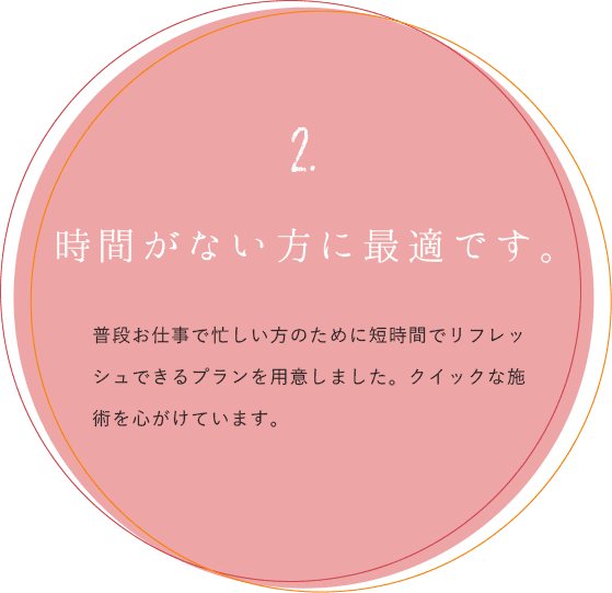 2.時間がない方に最適です。普段お仕事で忙しい方のために短時間でリフレッシュできるプランを用意しました。クイックな施術を心がけています。